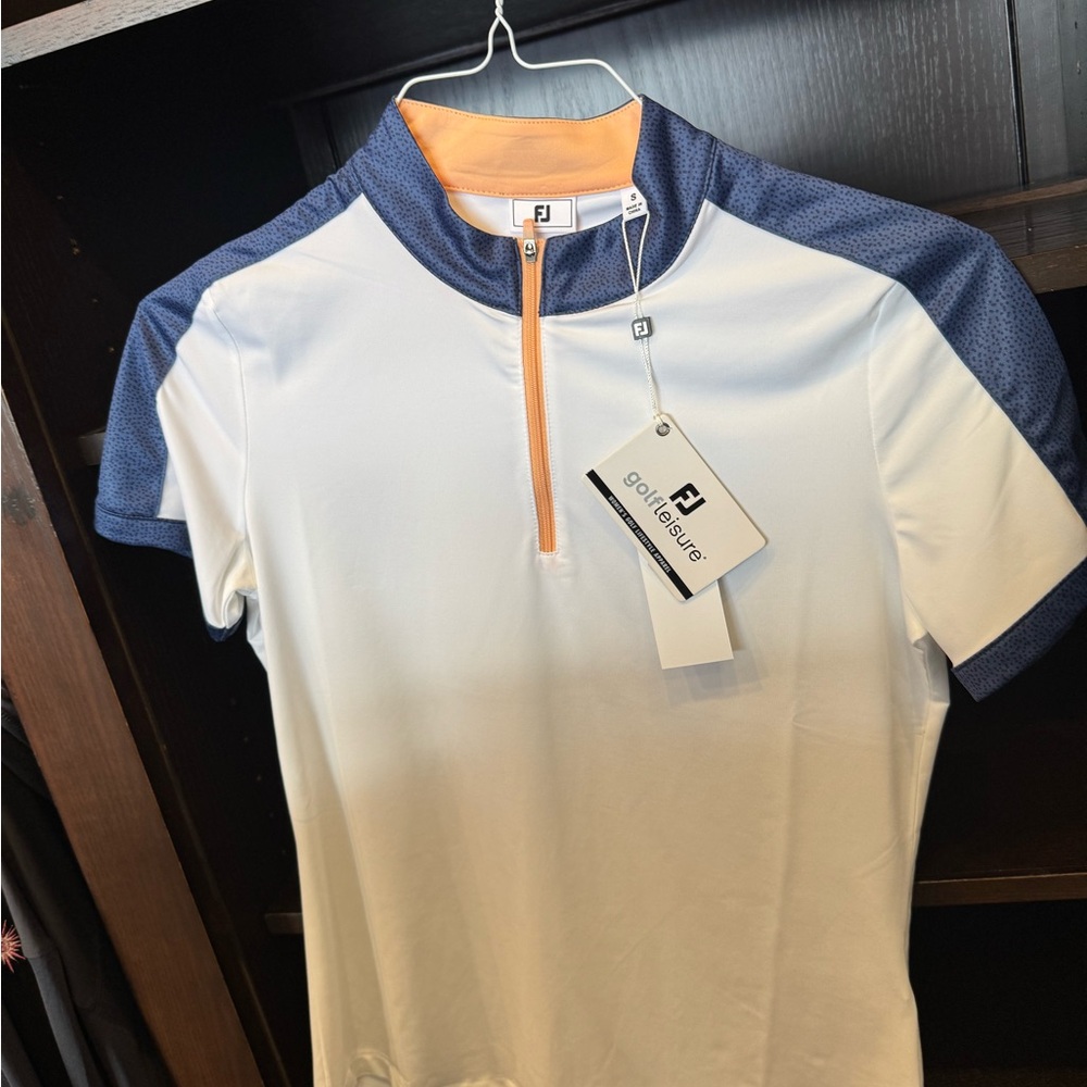 FJ White and Blue Golf Shirt with Orange Accent